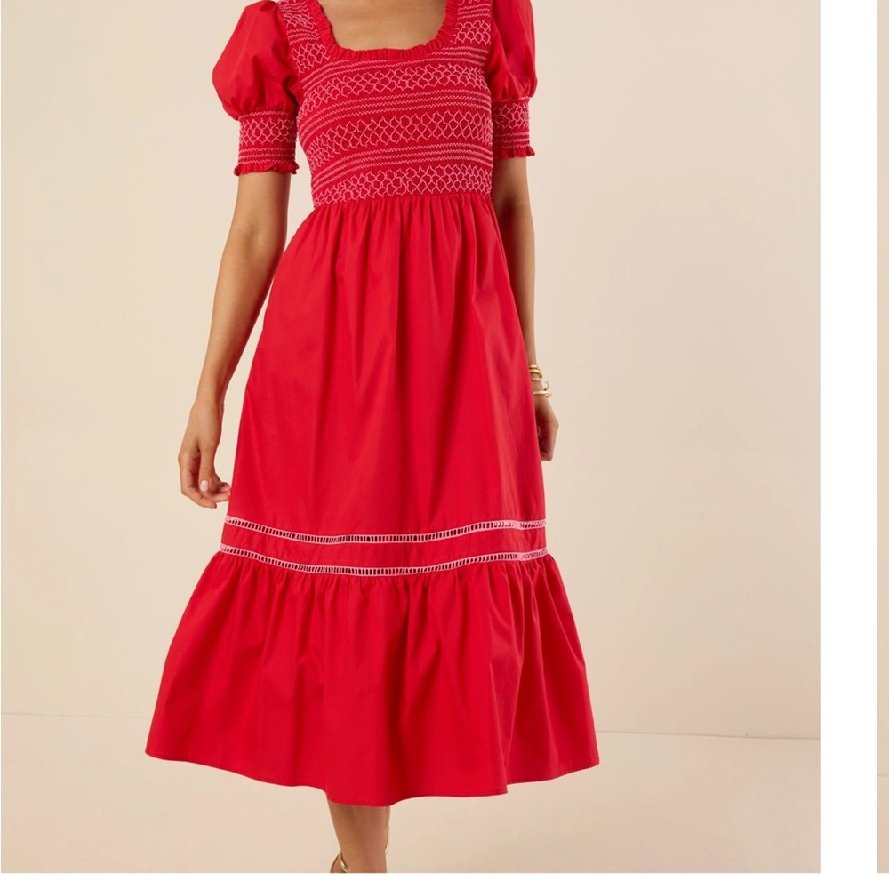 Smocked with contrast stitching red dress